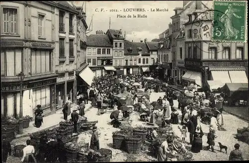 Ak Louviers Eure, Le Marché, Place de la Halle, visiteurs