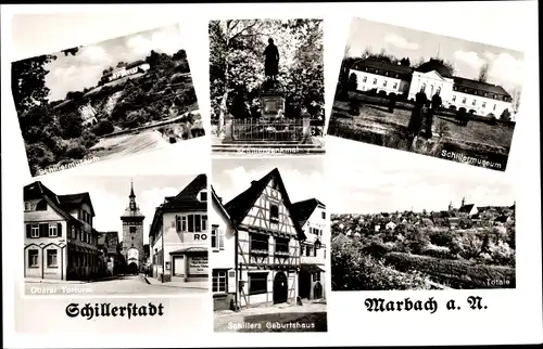 Ak Marbach, Panoramaansicht, Schillermuseum, Schillerdenkmal, Oberer Torturm, Schillers Geburtshaus
