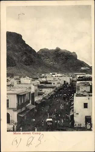 Ak Aden Jemen, Main Street Camp, Hauptstraße mit Geschäften, Berg
