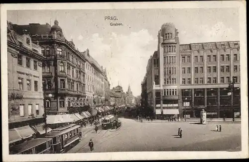 Ak Praha Prag Tschechien, Graben, Geschäftshäuser, Straßenbahnen