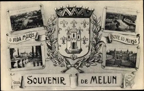 Wappen Ak Melun Seine et Marne, Stadtansichten, Brücke, Platz