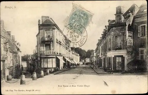 Ak Baugé Maine et Loire, Rue Basse et Rue Victor Hugo