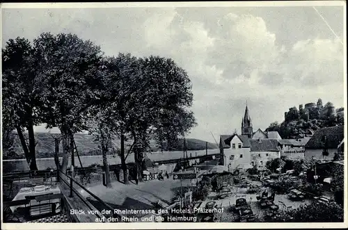 Ak Niederheimbach am Rhein, Hotel Pfälzer Hof, Blick von der Rheinterrasse auf Rhein und Heimburg