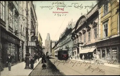 Ak Praha Prag Tschechien, Hybernergasse, Straßenbahn, Geschäft V. Suchy