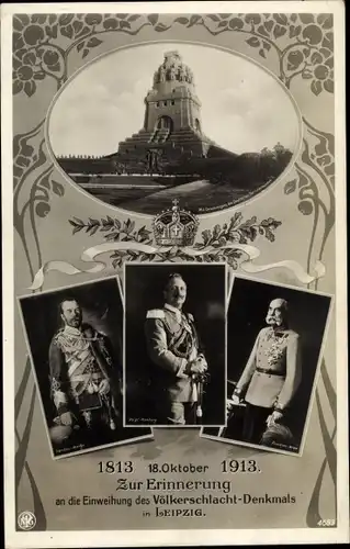 Ak Leipzig, Völkerschlachtdenkmal, Kaiser Wilhelm II., Kaiser Franz Joseph I., Zar Nikolaus II.