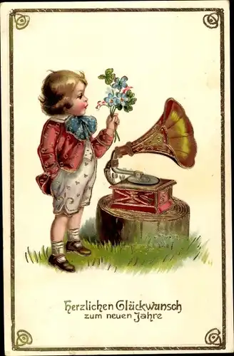 Präge Ak Glückwunsch Neujahr, Kind mit Blumen, Klee, Grammophon