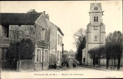 Ak Pontault Seine et Marne, Route de Champs, Eglise