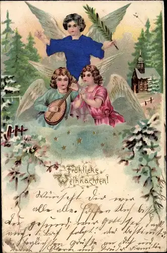 Stoff Präge Litho Glückwunsch Weihnachten, Drei Engel mit Palmzweig und Laute, Kirche, Sterne