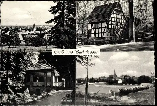 Ak Bad Essen in Niedersachsen, Wassermühle, Trinkhalle, Solefreibad, Gesamtansicht