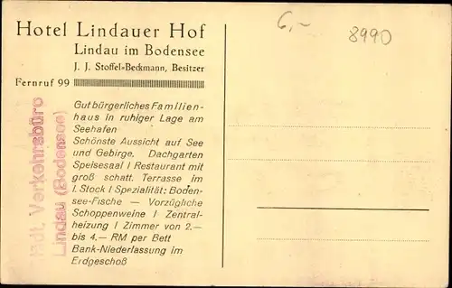 Ak Lindau am Bodensee, Hotel Lindauer Hof, Bes. J. J. Stoffel Beckmann, Aussicht v. Terrasse