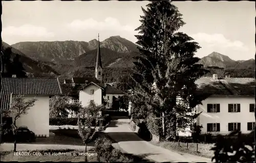 Ak Bergen im Chiemgau in Oberbayern, Hochfelln, Hochgarn, Kirche, Straßenpartie