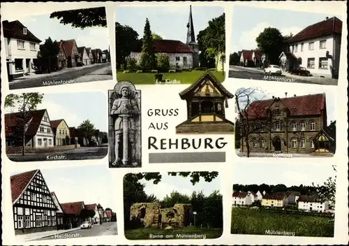 Ak Rehburg Loccum in Niedersachsen, Rathaus, Mühlenberg, Ruine, Heidtorstraße, Kirche, Mühlentorstr.