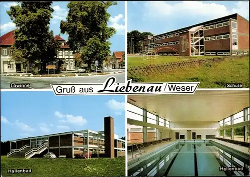 Ak Liebenau an der Weser, Schule, Innenansicht vom Hallenbad, Löwinne, Gasthaus