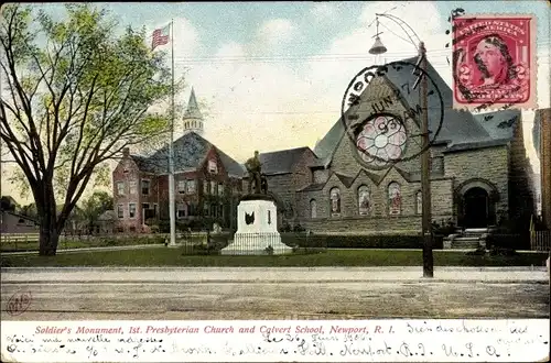 Ak Newport Rhode Island USA, Soldier's Monument, 1st Presbyterian Church and Calvert School