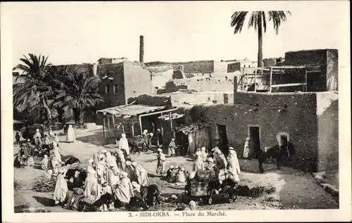Ak Sidi Okba Algerien, Place du Marché, Marktplatz, Anwohner, Händler