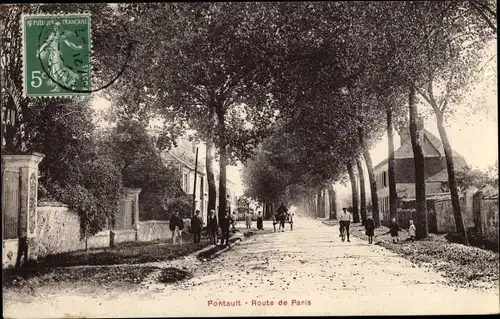 Ak Pontault Seine et Marne, Route de Paris, arbres, piétons, cycliste