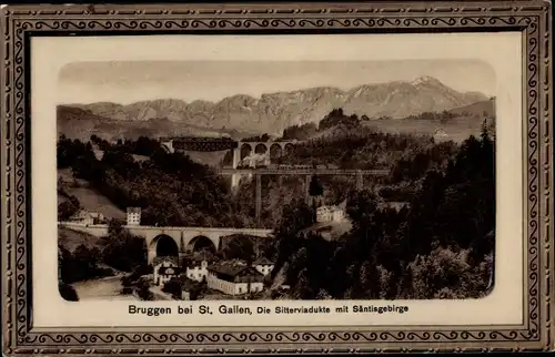 Passepartout Ak Bruggen Kanton Sankt Gallen Schweiz, Sitterviadukte mit Säntisgebirge