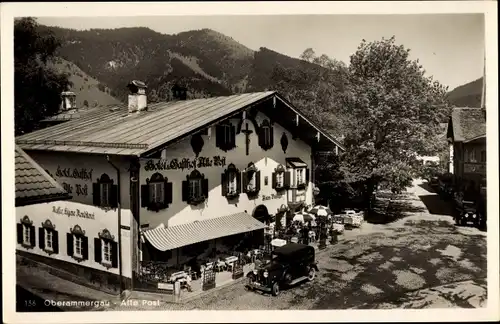 Ak Oberammergau in Oberbayern, Hotel u. Gasthof Alte Post, Gesamtansicht, Bergpanorama