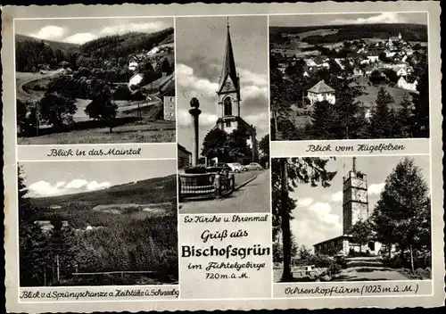 Ak Bischofsgrün im Fichtelgebirge, Maintal, Evangelische Kirche und Ehrenmal, Ochsenkopfturm