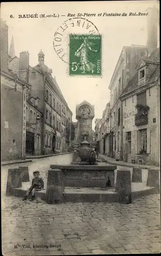 Ak Baugé Maine et Loire, Rue St Pierre et Fontaine du Roi Rene