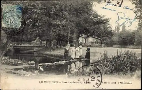 Ak Le Vésinet Yvelines, Lac inférieur, le gué, gens