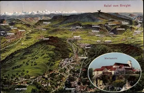 Landkarten Ak Metzerlen Mariastein Solothurn, Relief vom Birsigtal, Kloster Mariastein