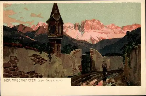 Künstler Ak Torri di Vajolet Vajolettürme Rosengarten Dolomiten Südtirol, Panorama von Gries aus