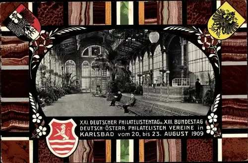 Ganzsachen Wappen Passepartout Ak Karlovy Vary Karlsbad, XXI. Deutscher Philatelistentag 1909
