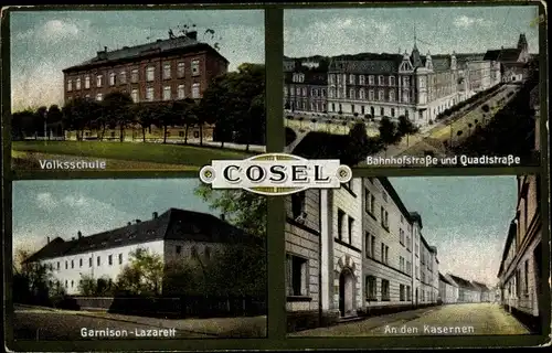 Ak Koźle Cosel Oberschlesien, Volksschule, Bahnhofstraße, Quadtstraße, Garnison Lazarett, Kasernen