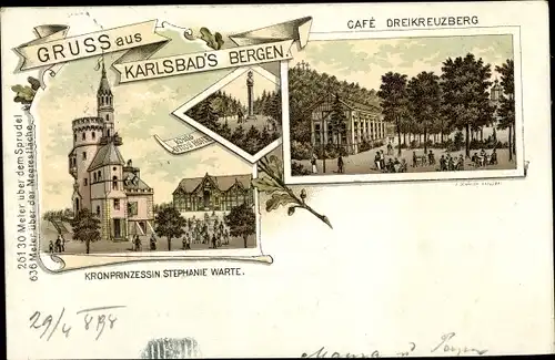 Litho Karlovy Vary Karlsbad Stadt, Kronprinzessin Stephanie Warte, Cafe Dreikreuzberg