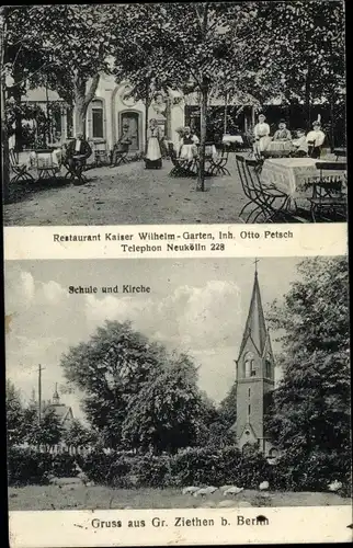 Ak Großziethen Schönefeld bei Berlin, Restaurant Kaiser Wilhelm Garten, Inh. Otto Petsch, Kirche