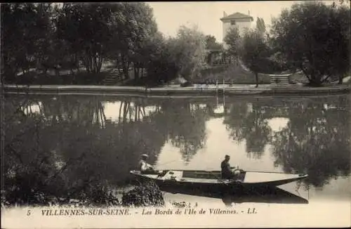 Ak Villennes sur Seine Yvelines, Bords de l'Ile de Villennes, pecheurs dans le bateau