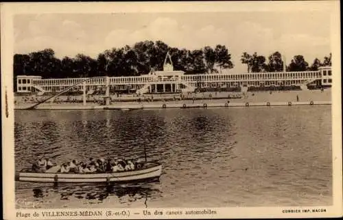 Ak Villennes Médan Yvelines, canot automobile, plage, toboggan aquatique