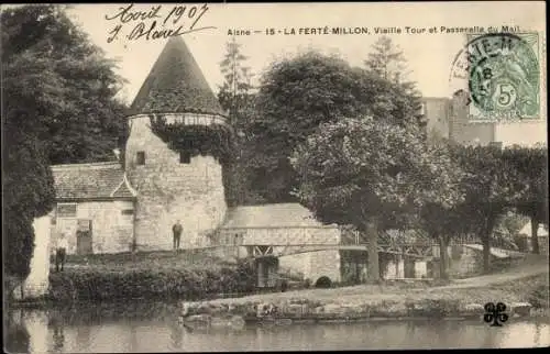 Ak La Ferté Milon Aisne, Vieille tour et Passerelle du Mail