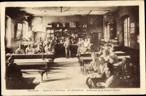 Ak Orléans Loiret, Quartier Chatillon, 30e d'Artillerie, Intérieur de la Cantine Bodet