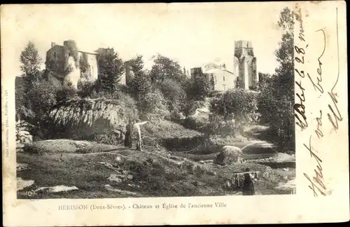 Ak Hérisson Pougne Hérisson Deux Sevres, Chateau et Eglise de l'ancienne Ville