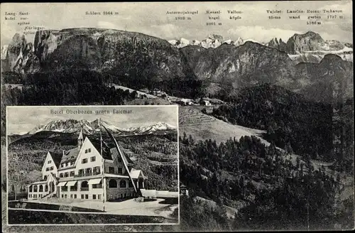 Ak Bozen Bolzano Südtirol, Hotel Oberbozen gegen Latemar, Dolomiten Panorama