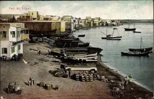 Ak Tripoli Libanon, Ortspartie mit Hafen