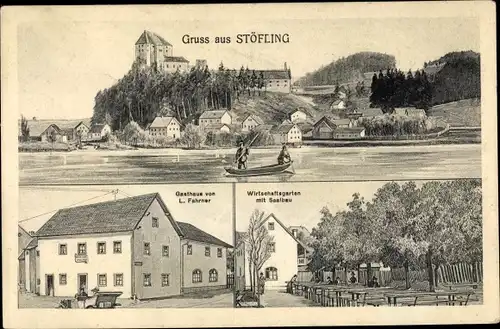 Ak Stöfling Timelkam in Oberösterreich, Panorama vom Ort, Gasthaus L. Fahrner, Wirtschaftsgarten