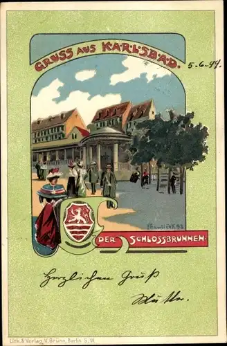 Künstler Ak Hawlicek, V., Karlovy Vary Karlsbad Stadt, Der Schlossbrunnen, Wappen