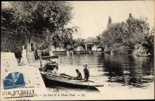 Ak Villennes sur Seine Yvelines, Port et vieux Pont, gens dans le bateau