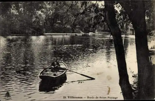 Ak Villennes sur Seine Yvelines, bords de la seine, homme dans la barque