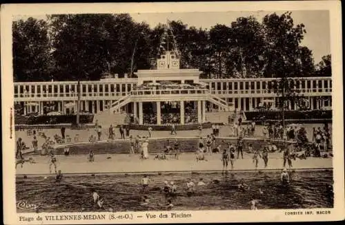 Ak Villennes Médan Yvelines, vue des Piscines, baigneurs, promenade