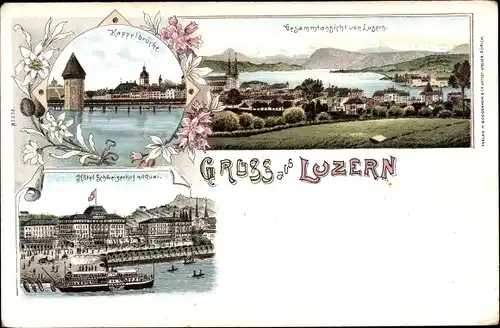 Litho Luzern Stadt Schweiz, Gesamtansicht, Hotel Schweizerhof mit Quai, Kappelbrücke