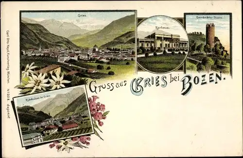 Litho Gries Bozen Bolzano Südtirol, Kurhaus, Gescheibter Turm, Rundschau