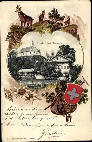 Präge Passepartout Ak Flühli Kanton Luzern Schweiz, Ortspartie, Schweizer Nationalwappen, Ziegen