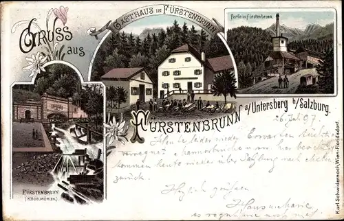 Litho Bischofswiesen in Oberbayern, Untersberg bei Salzburg, Gasthaus in Fürstenbrunn, Kögelmühlen