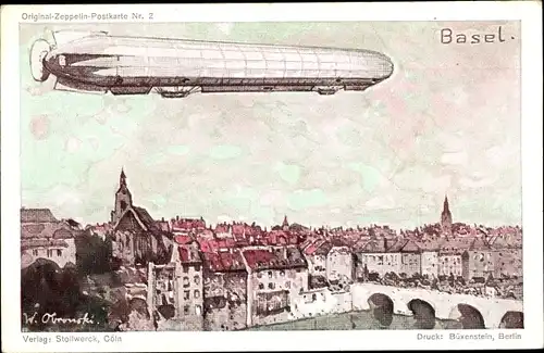 Künstler Ak Bâle Basel Stadt Schweiz, Panorama vom Ort, Luftschiff, Graf Zeppelin