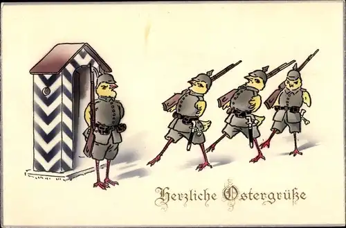 Ak Glückwunsch Ostern, Küken als deutsche Soldaten im Kaiserreich, Wache