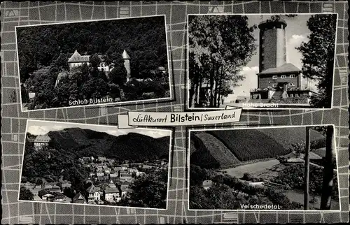 Ak Bilstein Lennestadt im Sauerland, Teilansichten, Hohe Bracht, Schloss Bilstein, Velschedetal